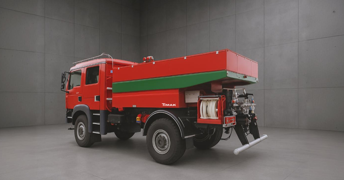A red and green fertilizer spreader truck parked in a gray concrete room, with the vehicle facing away from the camera.