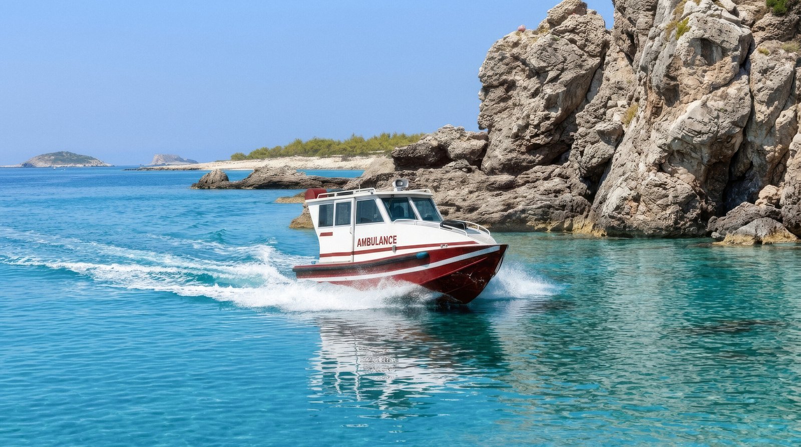 A red and white ambulance boat speeding through the water near a rocky coastline.