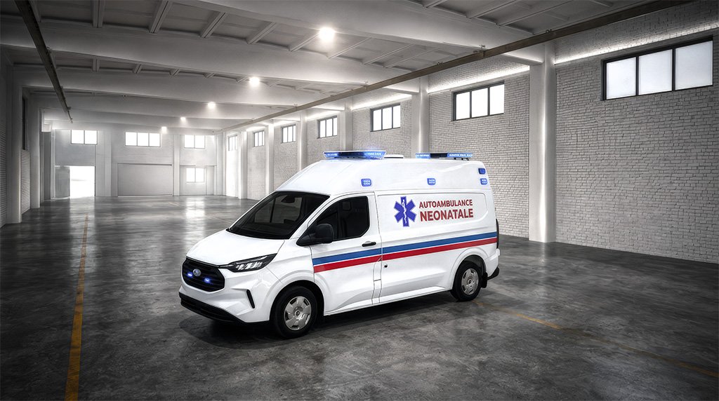 A white ambulance with blue and red stripes parked in a large, empty warehouse with white walls and a concrete floor.