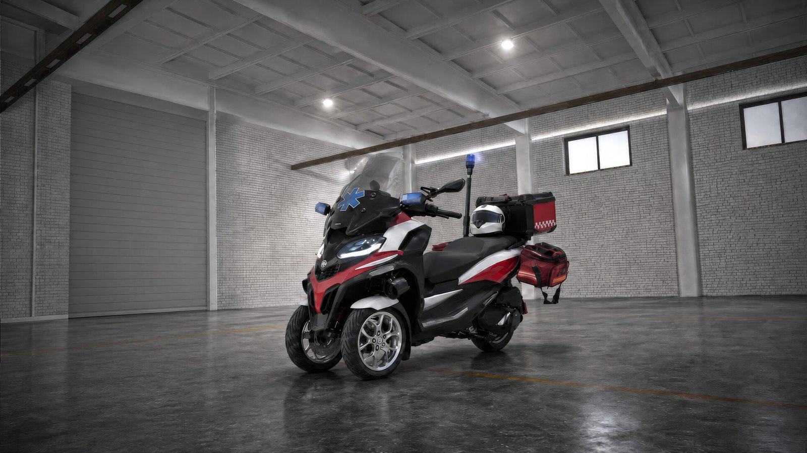 A red and white delivery scooter parked in a spacious warehouse setting.