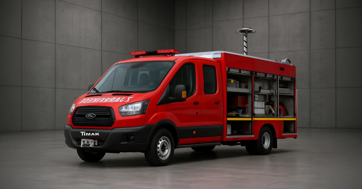 A red Ford Transit van converted into a fire rescue vehicle, parked in a grey concrete room with a tiled wall.