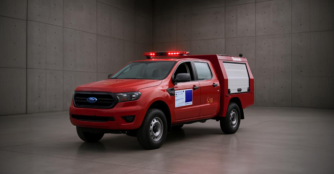 A red Ford Ranger pickup truck with a customized bed, featuring a blue logo on the front grill and a white sign on the driver's side door, situated in a dimly lit, concrete room.