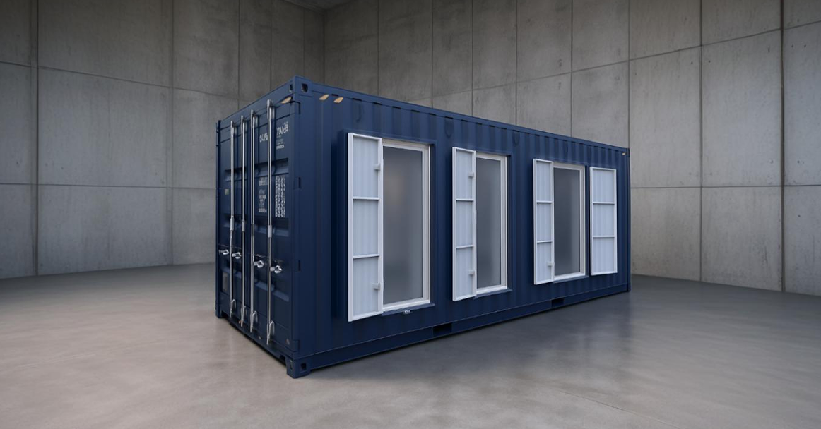 A gray shipping container with white-framed windows, set against a concrete wall and floor.