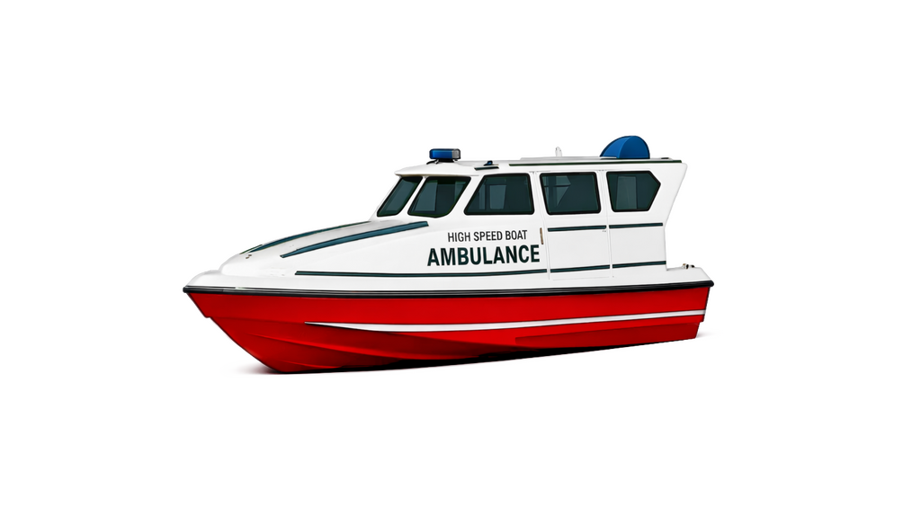 A red and white high-speed boat ambulance set against a solid black background.