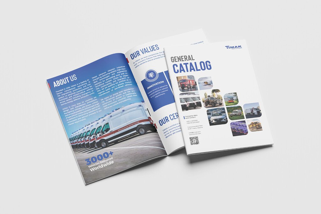 A partially open brochure for a company specializing in the manufacture of buses, showcasing a prominent bus on the left-hand side, with the bus's body predominantly white and its roof and front section rendered in red. The bus is situated on a
