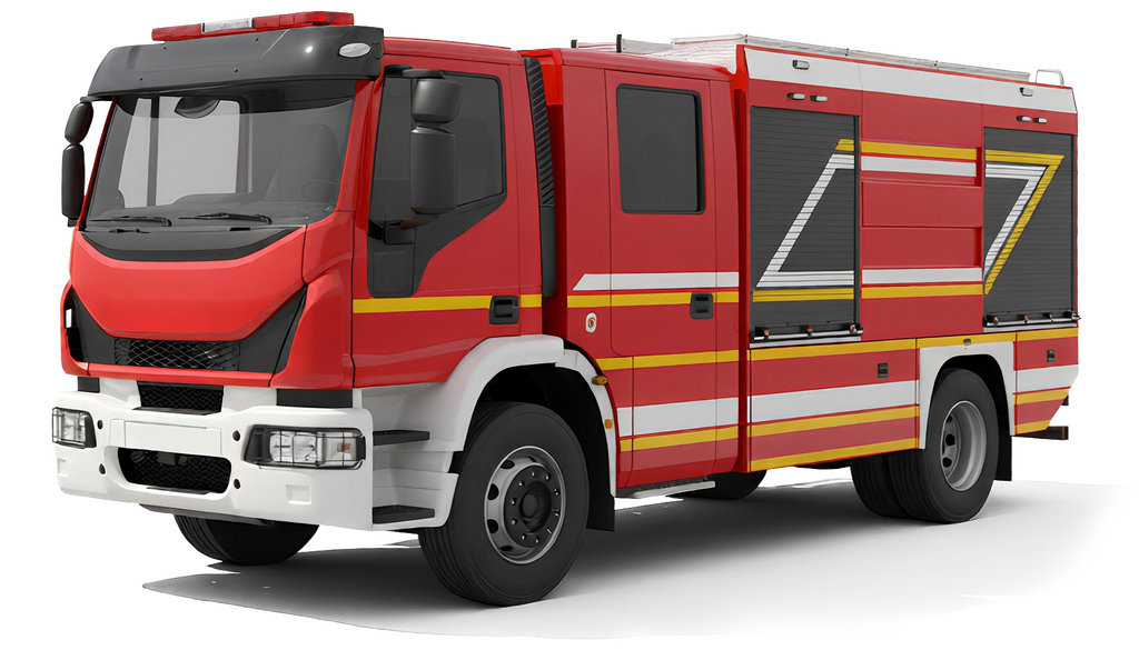 A red fire truck with white and yellow stripes, positioned at an angle, set against a black background.