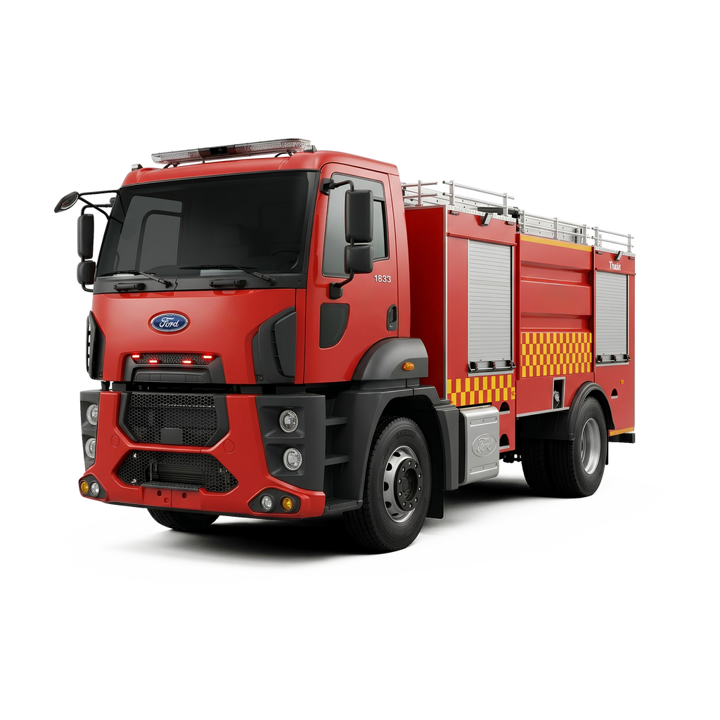 A red Ford fire truck, set against a black background.