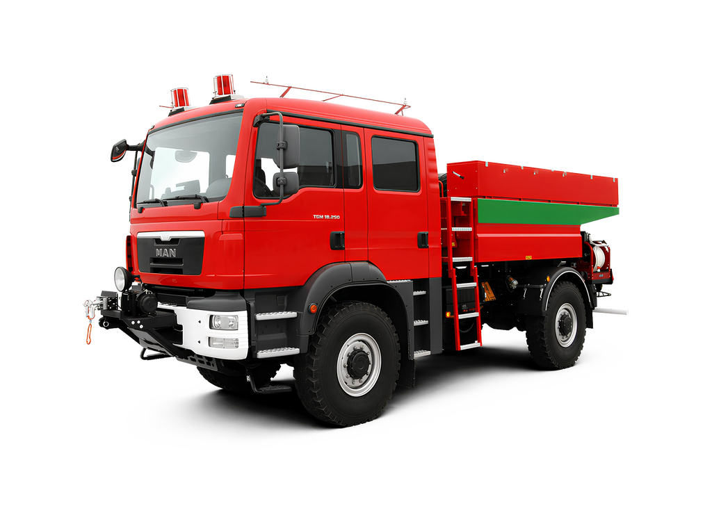 A red and green MAN fire truck parked on a black background, showcasing its distinctive features.