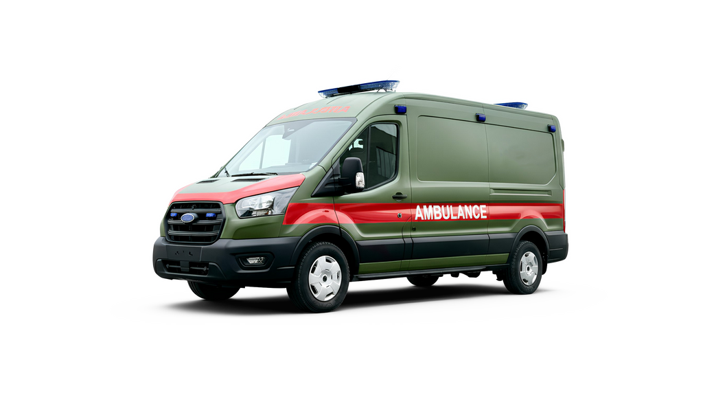 A green ambulance with red accents, set against a dark gray background.