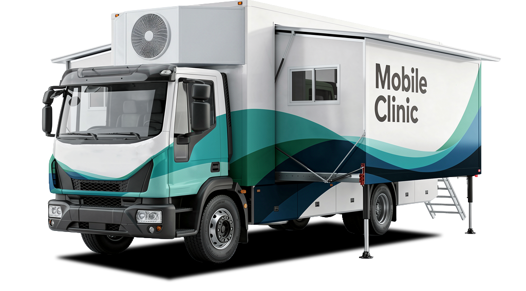 A white and teal mobile clinic truck parked on a black background, showcasing its unique design and features.
