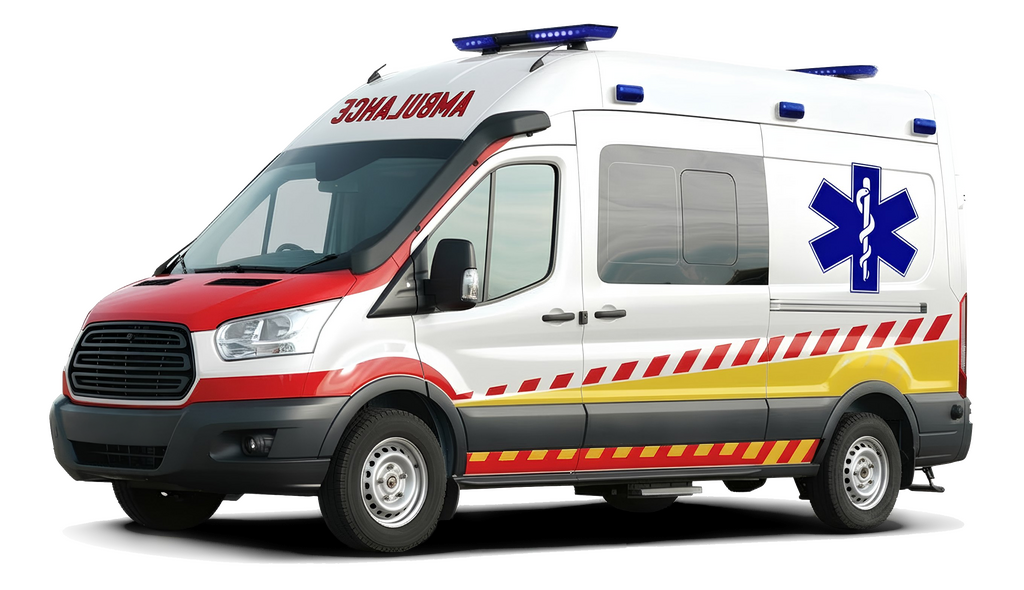 A white ambulance van with red and yellow stripes, featuring a blue medical symbol on the side, set against a dark background.