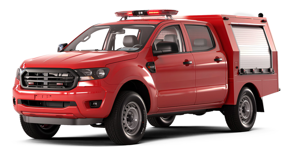 A red pickup truck with a utility bed, set against a black background.
