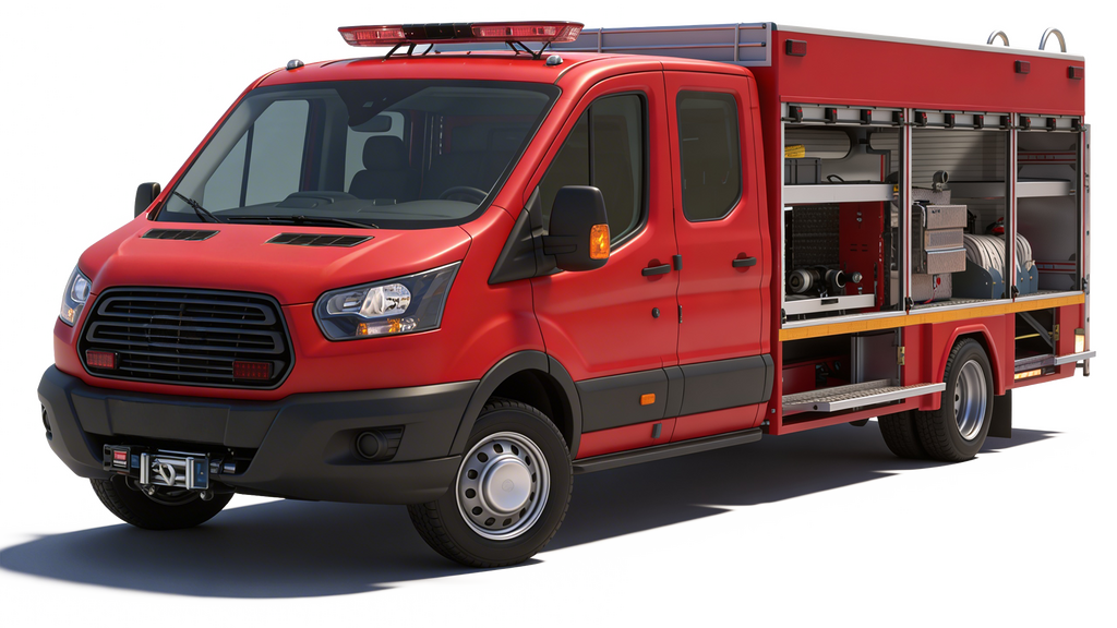 A red fire truck parked on a black surface, set against a black background.