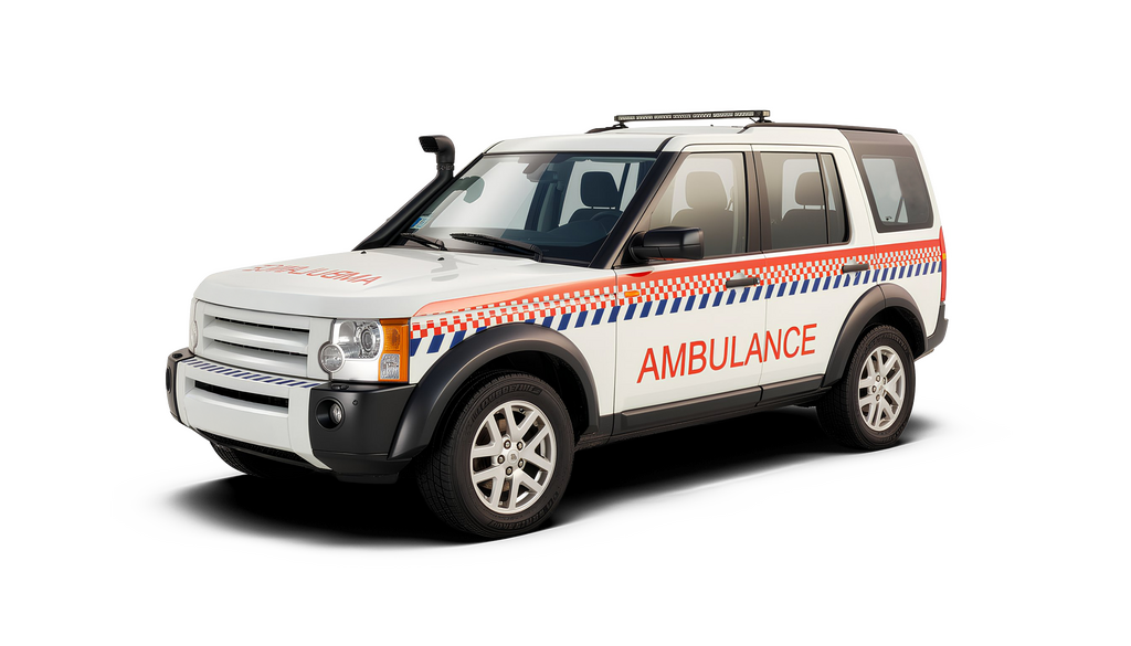 A white ambulance with red and blue checkered stripes, set against a solid black background.