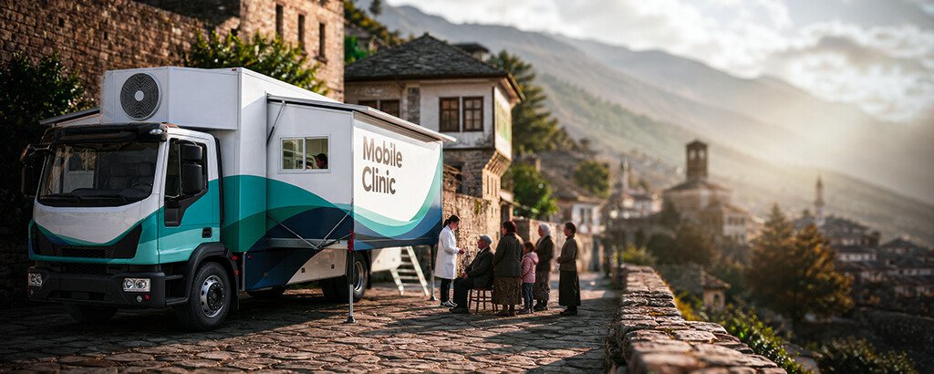 A white mobile clinic truck with teal accents, parked on a cobblestone road in a mountainous town, with a group of people standing nearby.