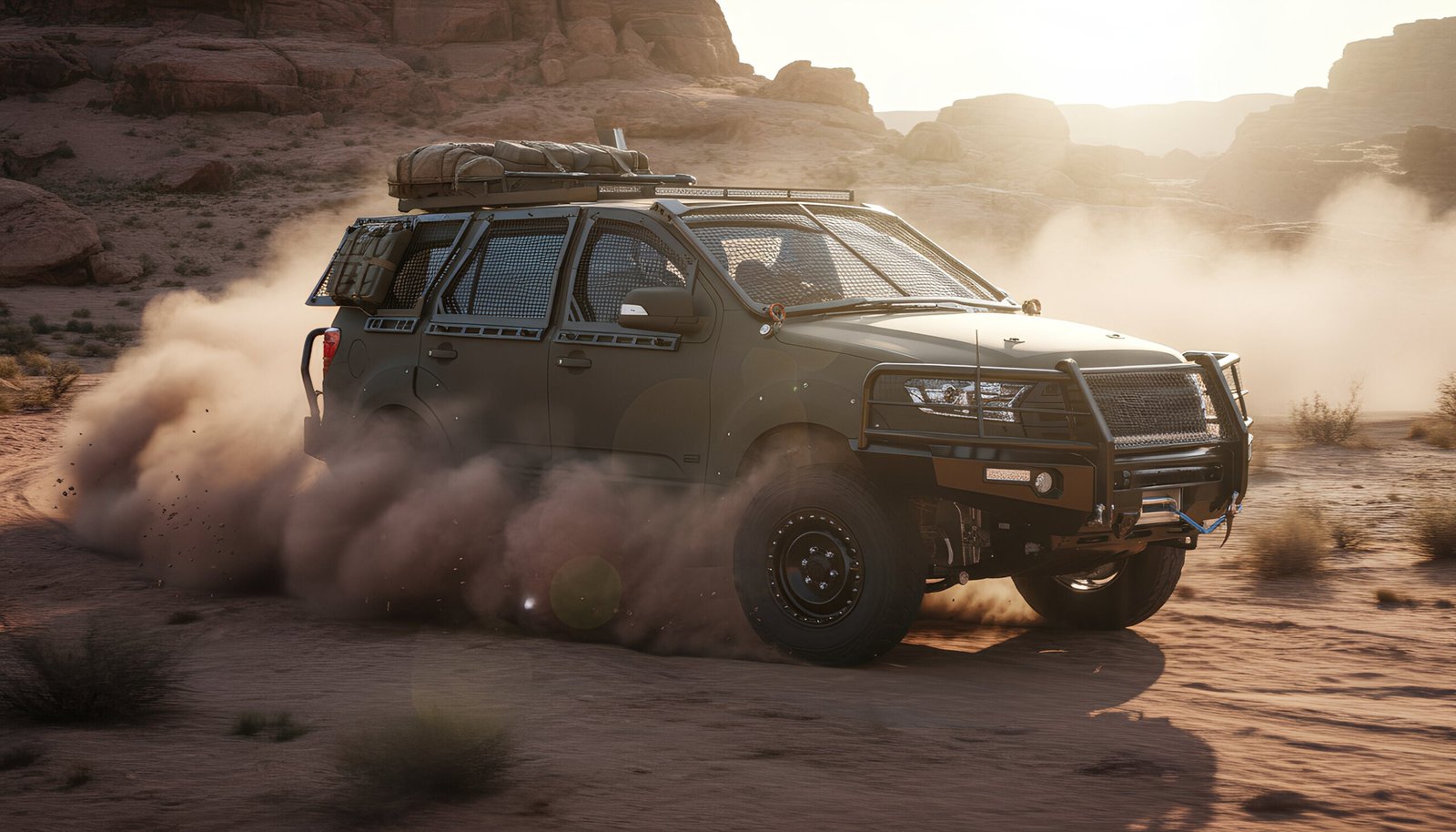 A rugged, four-wheel-drive SUV navigating a dusty desert trail, with the vehicle's dark green exterior and black tires standing out against the arid landscape.